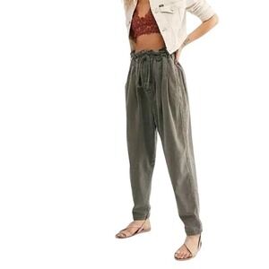 FREE PEOPLE We the Free, Margate Paperbag Waist Pleated Trousers, Army Green, M